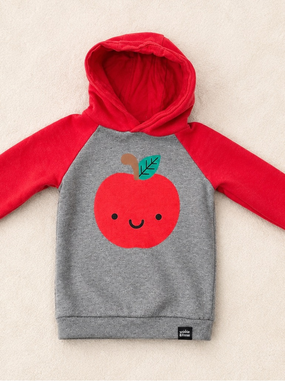Whistle & Flute Kids Apple Hoodie - Grey and Red Raglan Style Hooded Sweatshirt